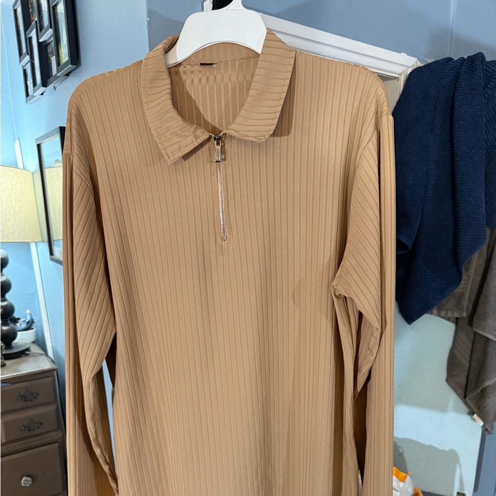 Tan Ribbed Long Sleeve Zip-Up Top